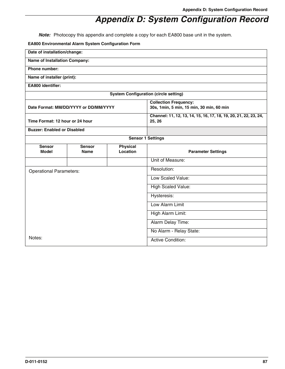 Appendix d: system configuration record | Enviro EA800 User Manual | Page 91 / 98