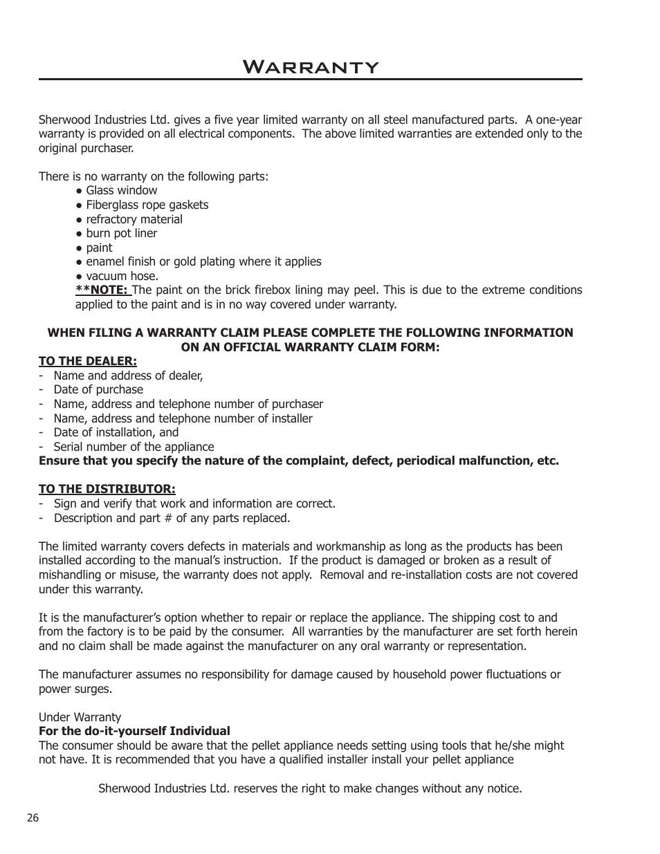 Warranty | Enviro EF THERMO 28 User Manual | Page 26 / 27