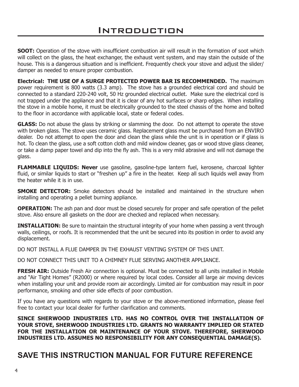 Introduction, Save this instruction manual for future reference | Enviro EF THERMO 28 User Manual | Page 4 / 27