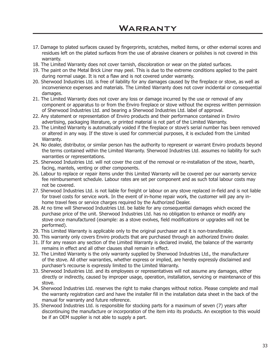 Warranty | Enviro 50-1221 User Manual | Page 33 / 34