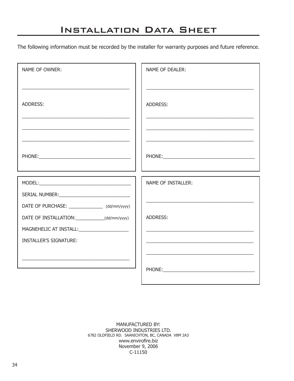 Installation data sheet | Enviro 50-1221 User Manual | Page 34 / 34