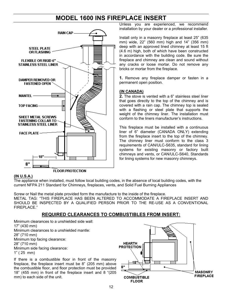 Model 1600 ins fireplace insert | Enviro ENVIROFIRE 1600 User Manual | Page 12 / 19