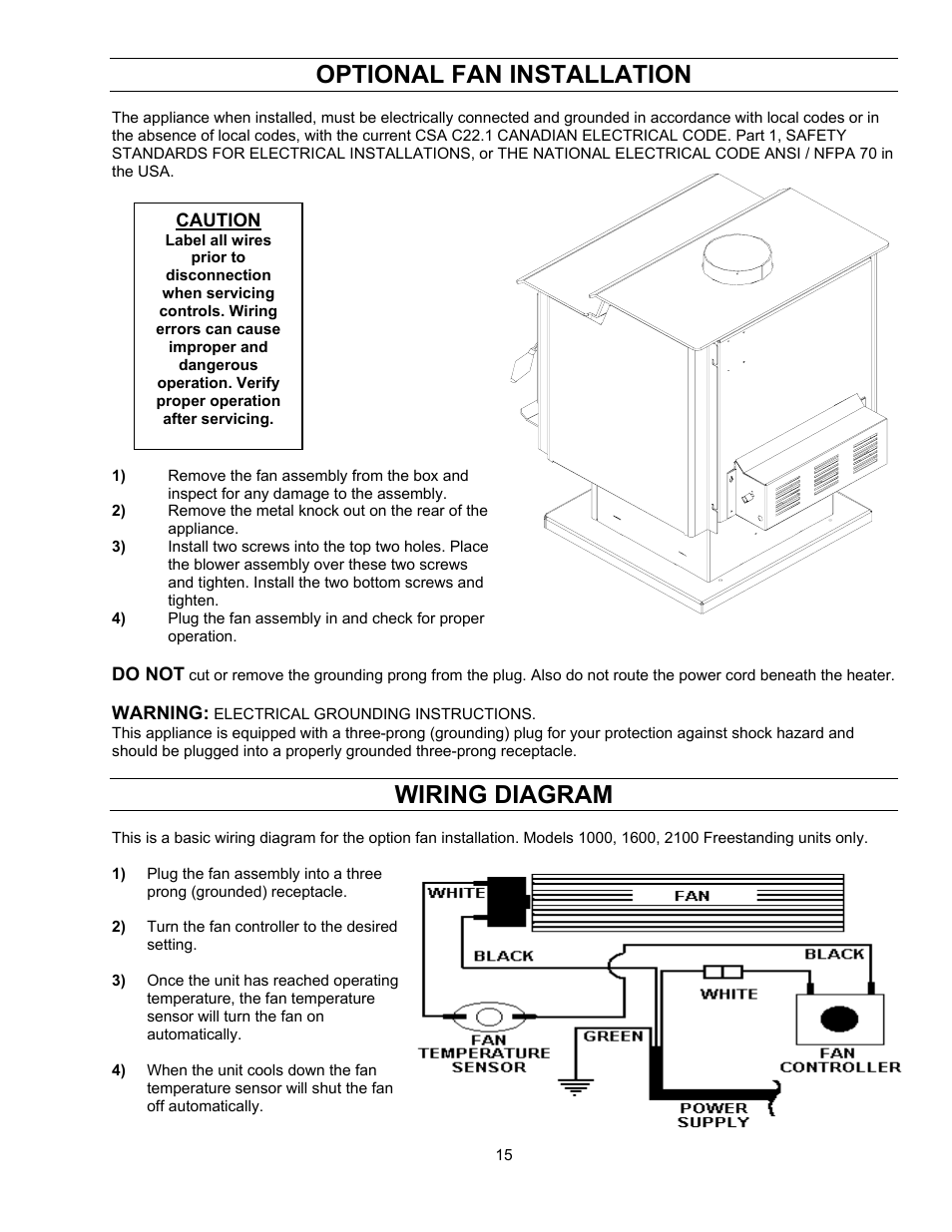 Optional fan installation, Wiring diagram | Enviro ENVIROFIRE 1600 User Manual | Page 15 / 19