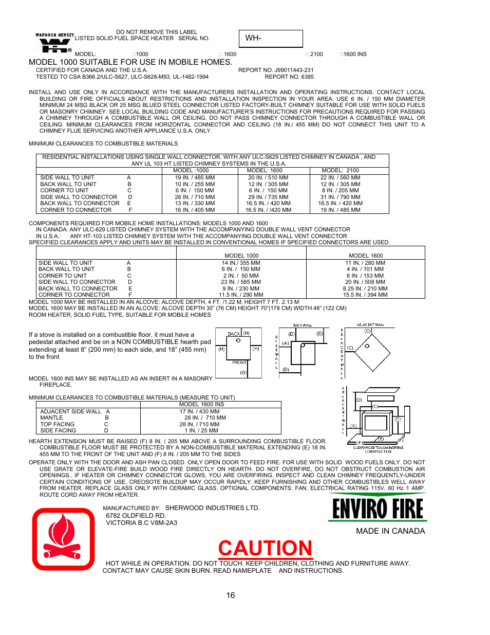 Caution, Model 1000 suitable for use in mobile homes, Made in canada | Enviro ENVIROFIRE 1600 User Manual | Page 16 / 19