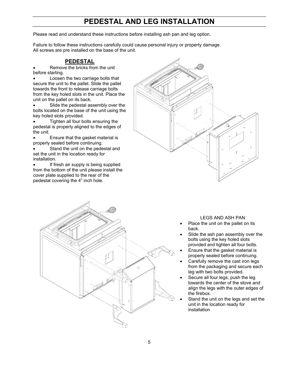 Pedestal, Pedestal and leg installation | Enviro ENVIROFIRE 1600 User Manual | Page 5 / 19