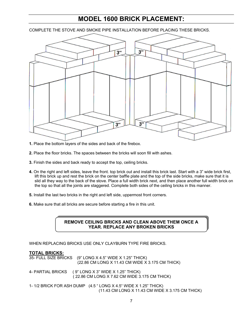 Model 1600 brick placement | Enviro ENVIROFIRE 1600 User Manual | Page 7 / 19