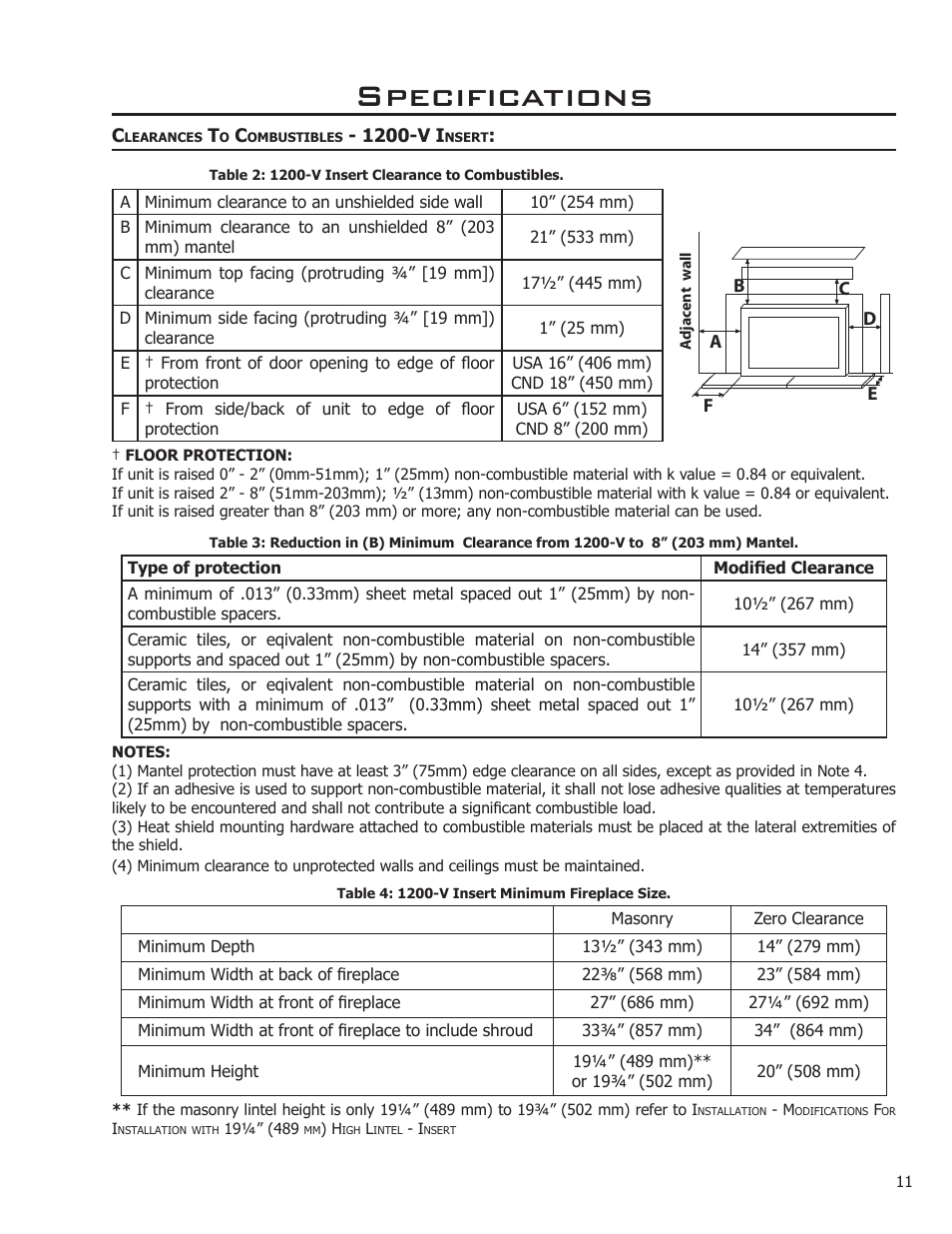 Clearances to combustibles - 1200-v insert, Specifications | Enviro Venice User Manual | Page 11 / 32