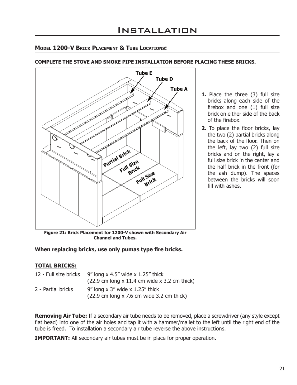 Model 1200-v brick placement & tube locations, Installation | Enviro Venice User Manual | Page 21 / 32