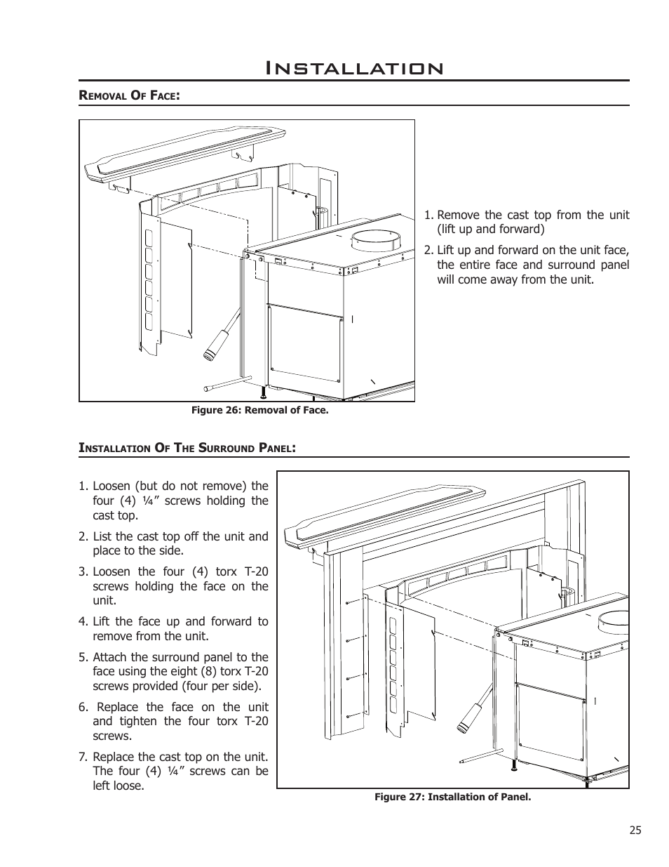 Removal of face installation of the surround panel, Installation | Enviro Venice User Manual | Page 25 / 32