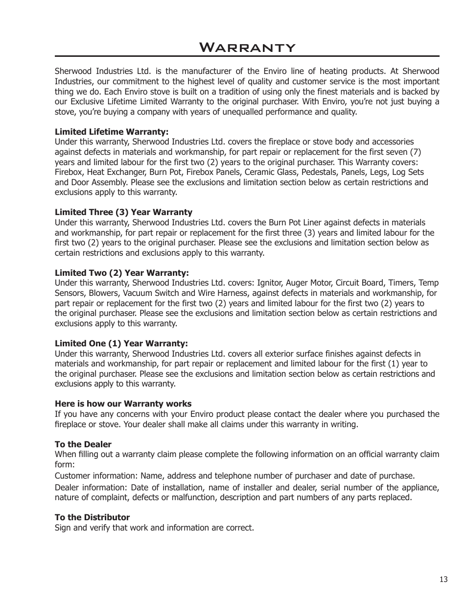 Warranty | Enviro C-11256 User Manual | Page 13 / 16