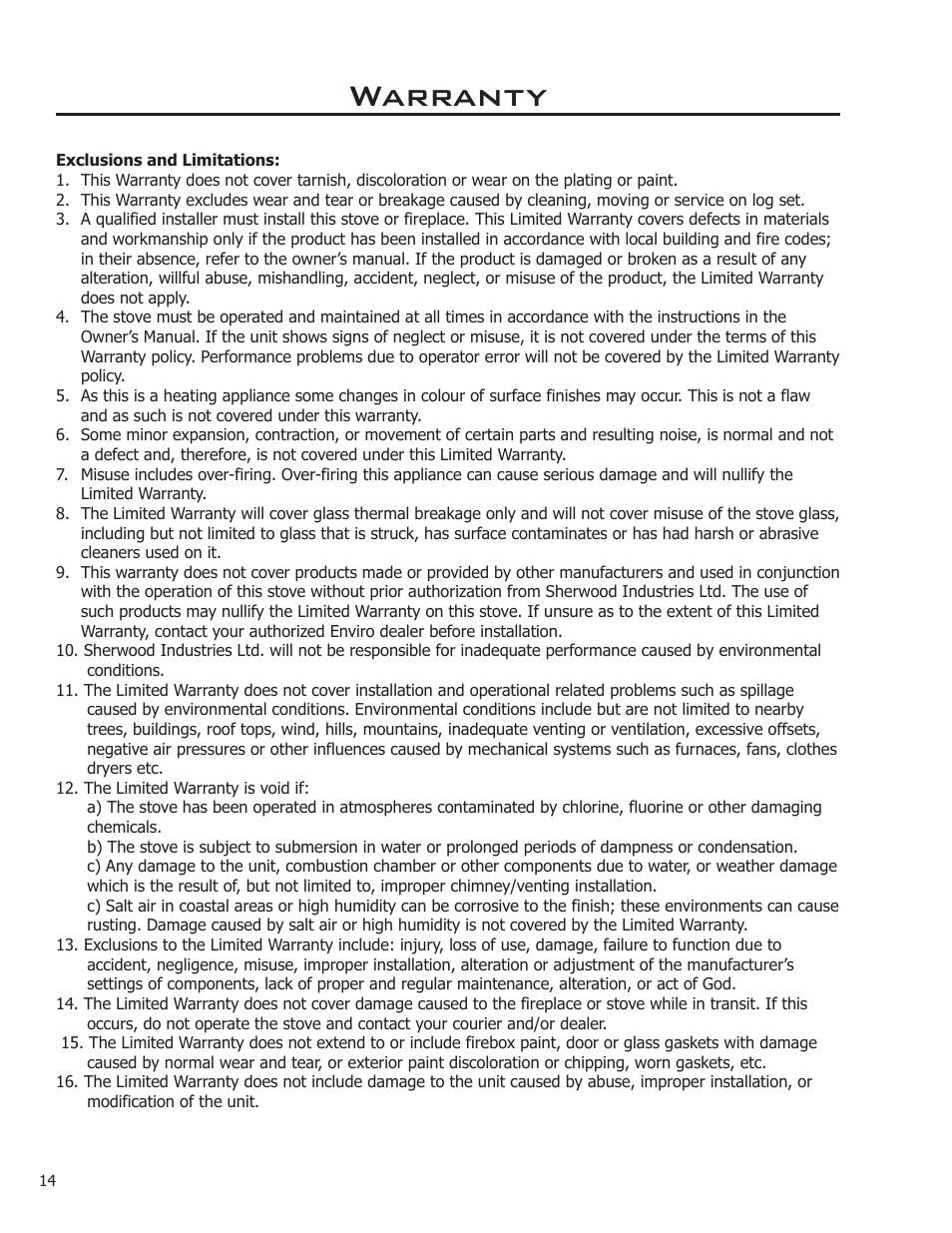 Warranty | Enviro C-11256 User Manual | Page 14 / 16