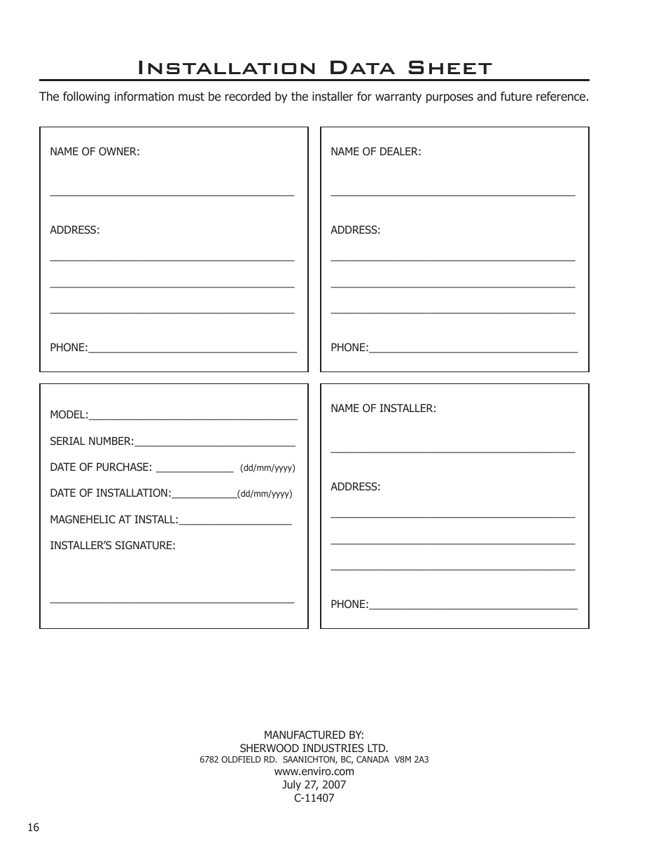 Installation data sheet | Enviro C-11256 User Manual | Page 16 / 16