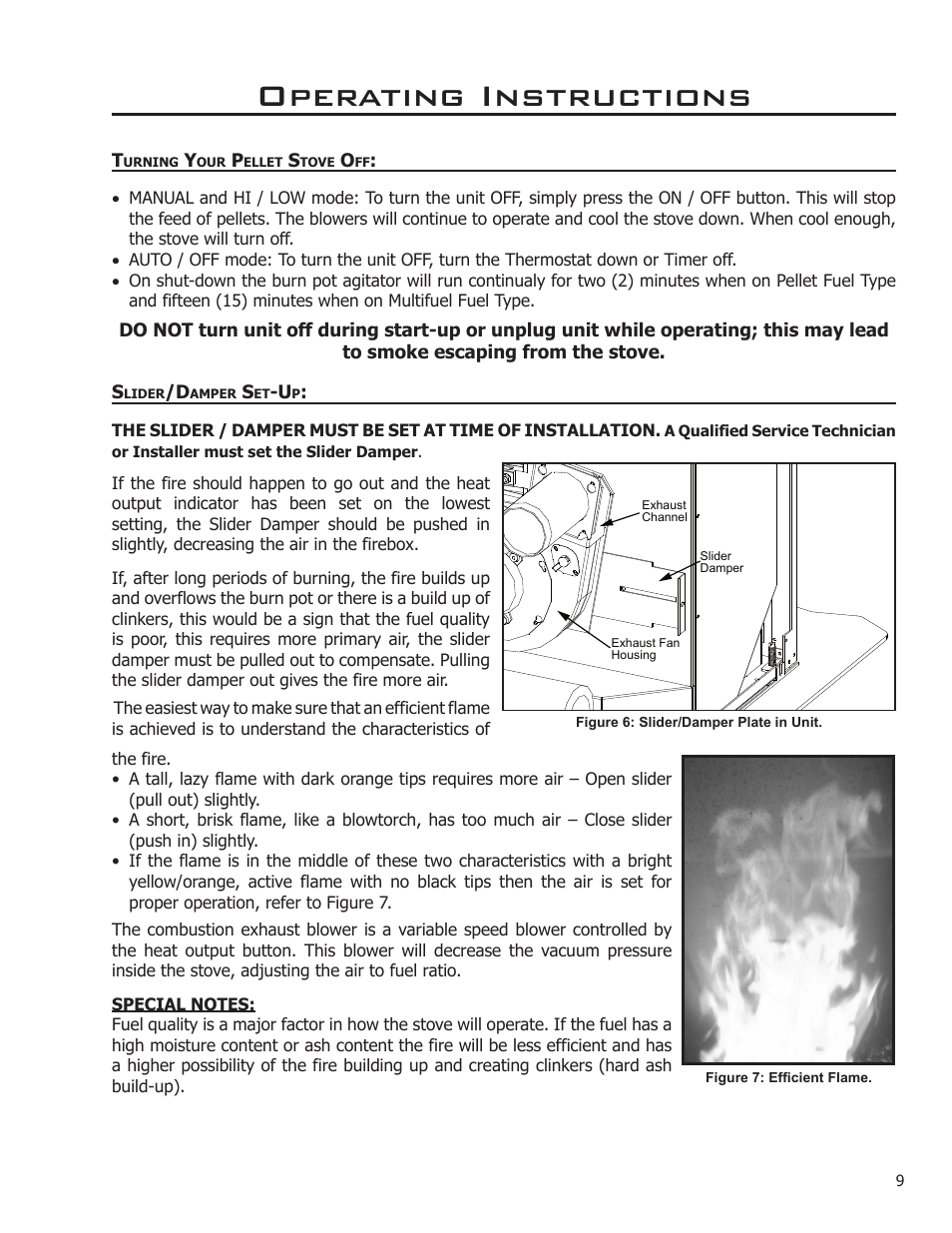 Turning your pellet stove off slider/damper set-up, Operating instructions | Enviro C-11256 User Manual | Page 9 / 16