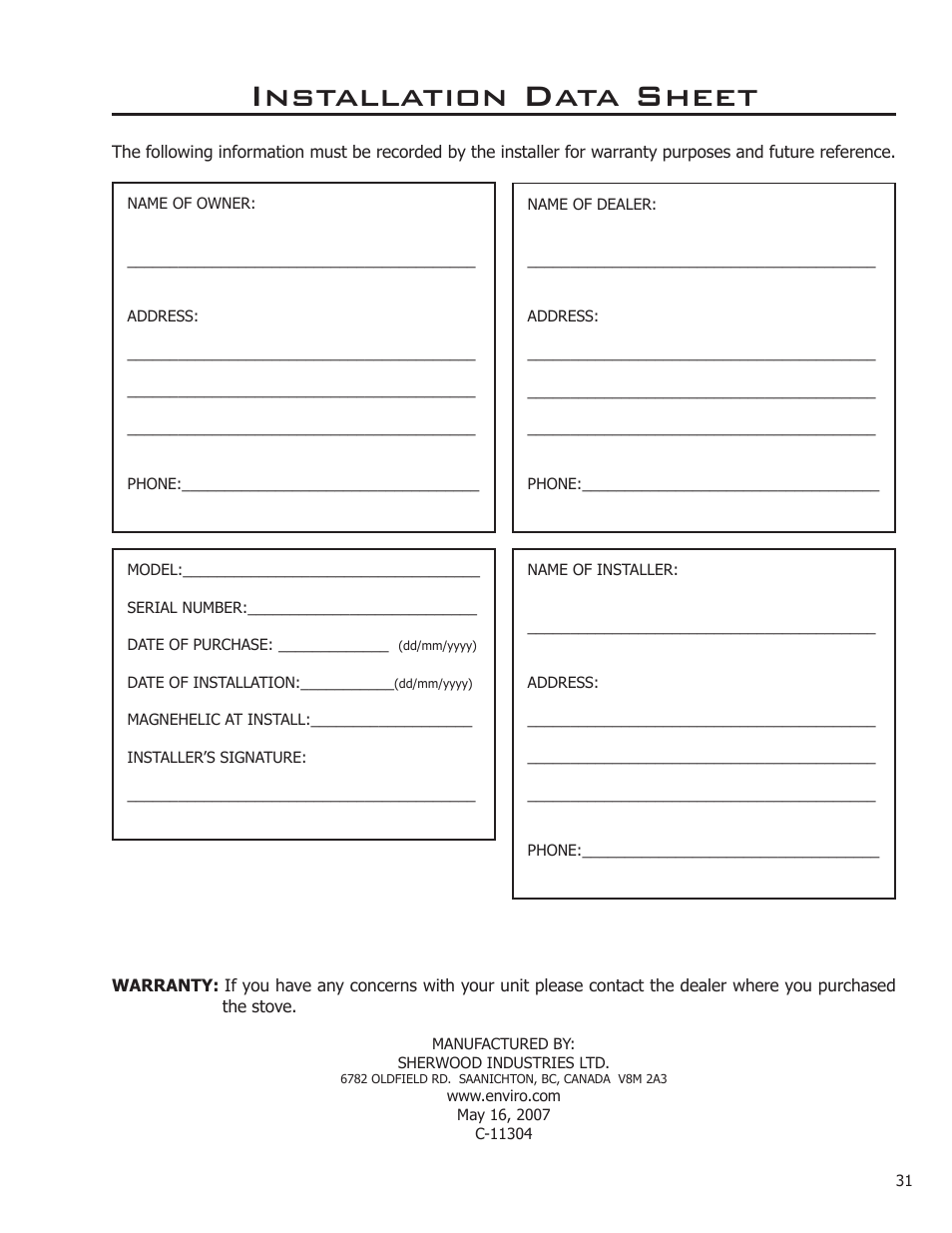 Installation data sheet | Enviro WINDSOR 50-1578 User Manual | Page 31 / 31