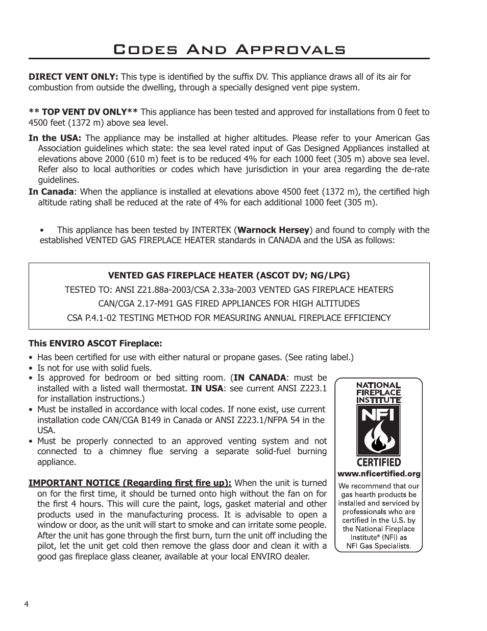 Codes and approvals | Enviro Ascot User Manual | Page 4 / 40