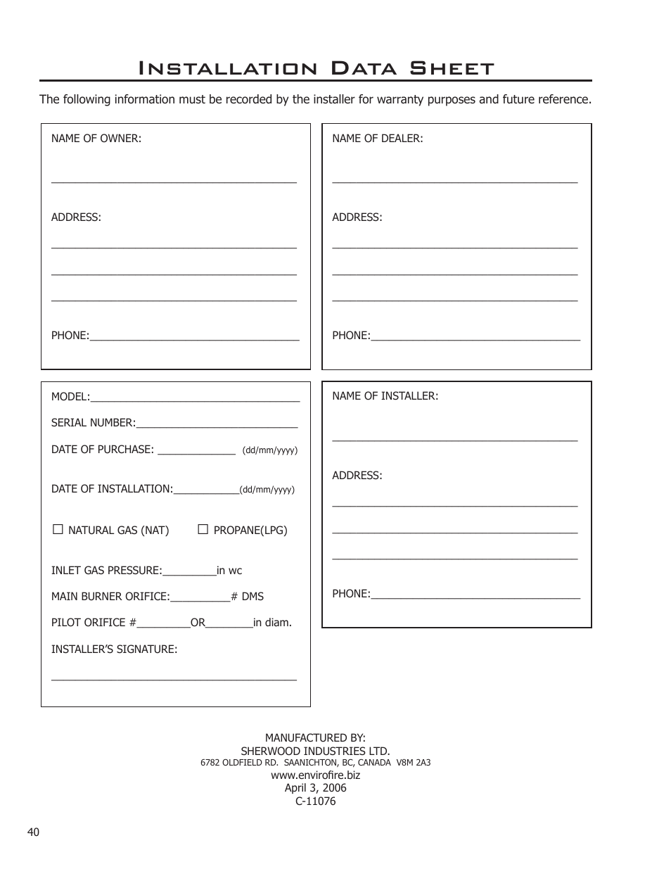 Installation data sheet | Enviro Ascot User Manual | Page 40 / 40