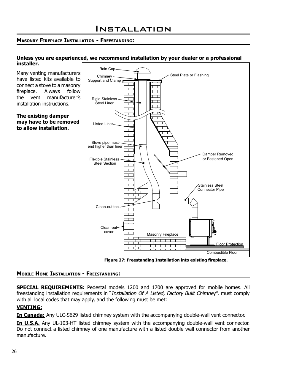 Masonry fireplace installation - freestanding, Mobile home installation - freestanding, Installation | Enviro Kodiak 1700 Freestanding User Manual | Page 26 / 45