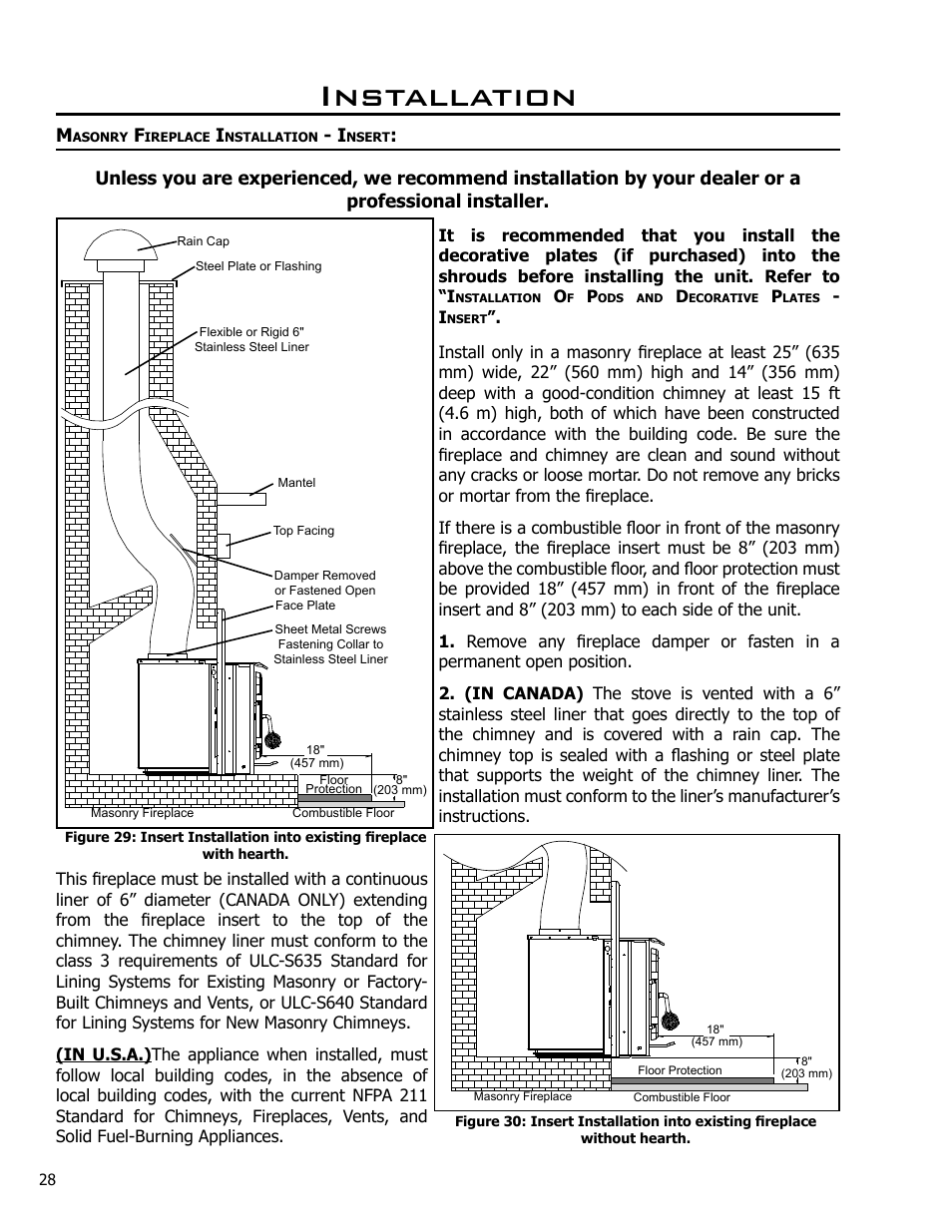Masonry fireplace installation - insert, Installation | Enviro Kodiak 1700 Freestanding User Manual | Page 28 / 45