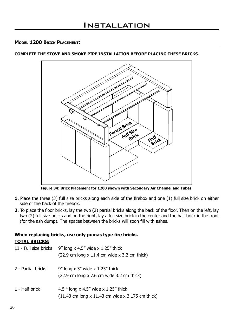 Model 1200 brick placement, Installation | Enviro Kodiak 1700 Freestanding User Manual | Page 30 / 45