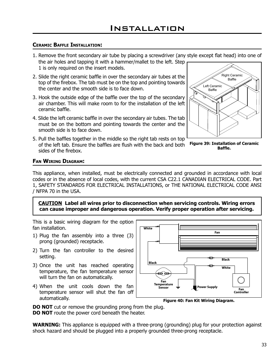 Ceramic baffle installation, Fan wiring diagram, Ceramic baffle installation fan wiring diagram | Installation | Enviro Kodiak 1700 Freestanding User Manual | Page 33 / 45