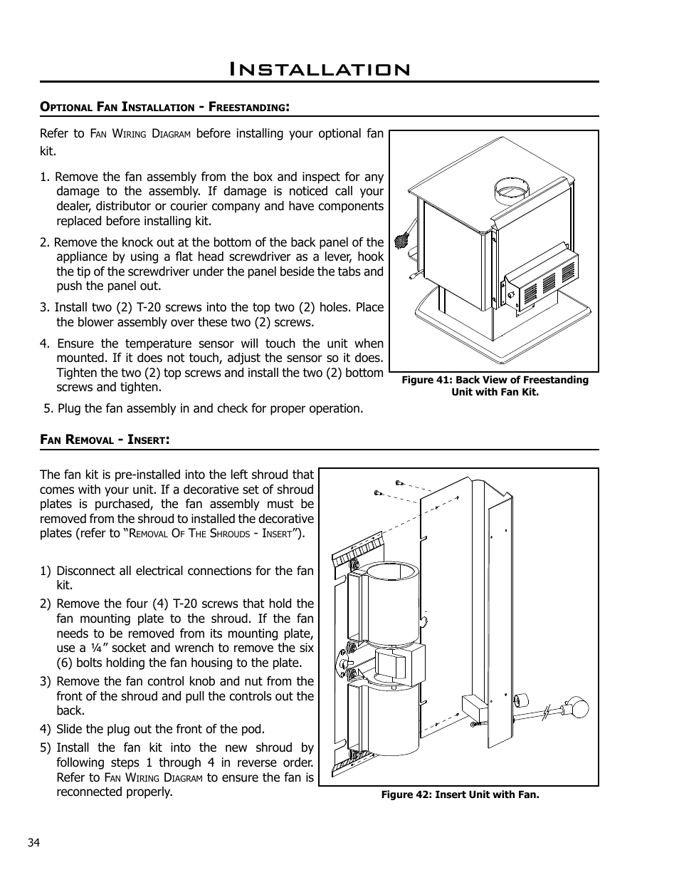 Optional fan installation - freestanding, Fan removal - insert, Installation | Enviro Kodiak 1700 Freestanding User Manual | Page 34 / 45