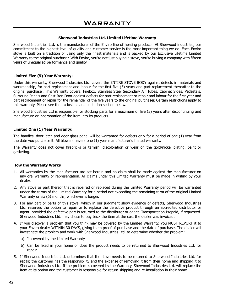 Warranty | Enviro Kodiak 1700 Freestanding User Manual | Page 42 / 45