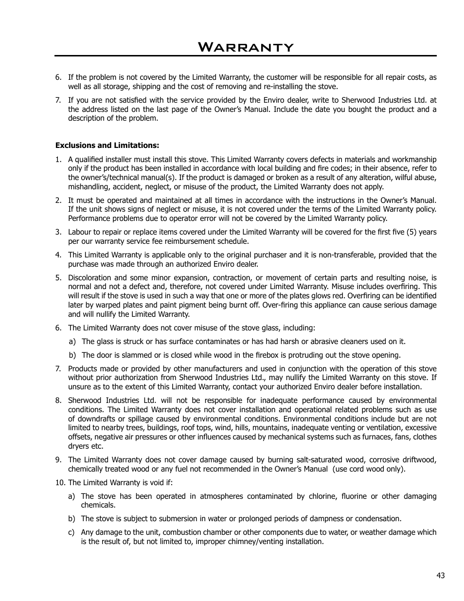 Warranty | Enviro Kodiak 1700 Freestanding User Manual | Page 43 / 45