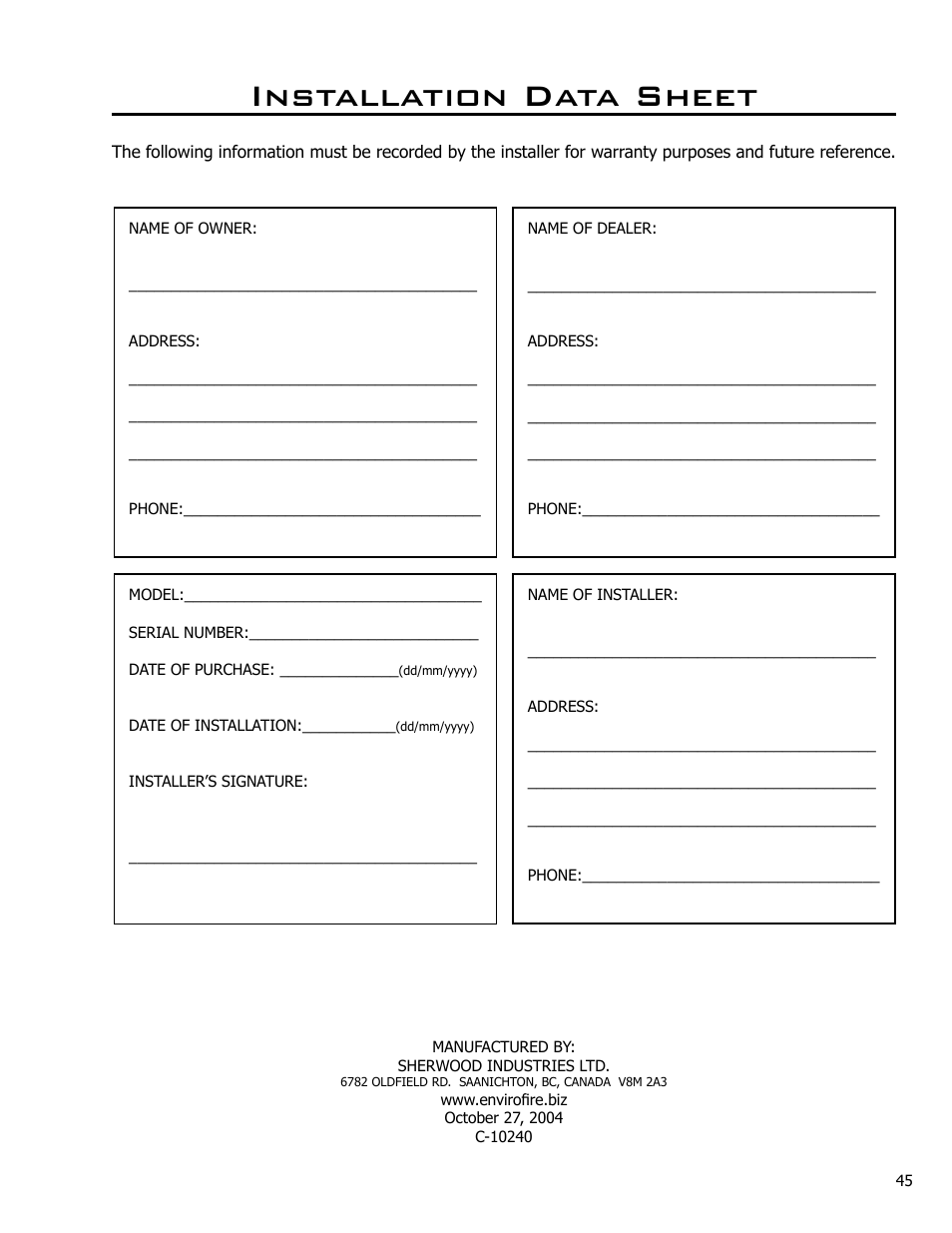 Installation data sheet | Enviro Kodiak 1700 Freestanding User Manual | Page 45 / 45