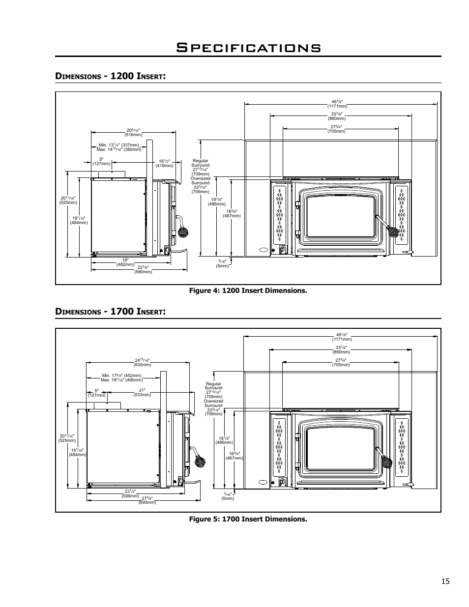 Dimensions - 1200 insert, Dimensions - 1700 insert, Specifications | 1200 i, 1700 i, Imensions, Nsert | Enviro KODIAK 1200 User Manual | Page 15 / 48