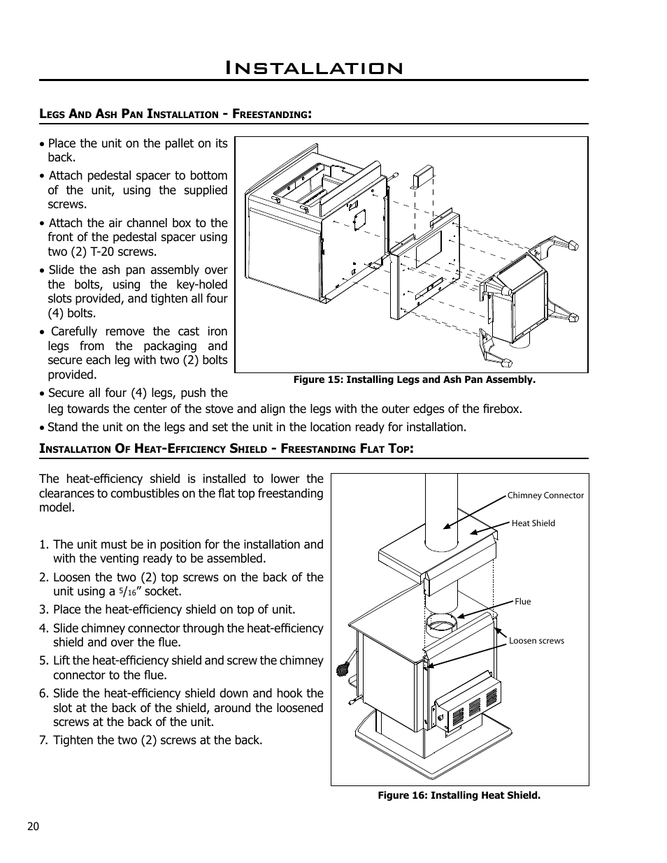 Legs and ash pan installation - freestanding, Installation | Enviro KODIAK 1200 User Manual | Page 20 / 48