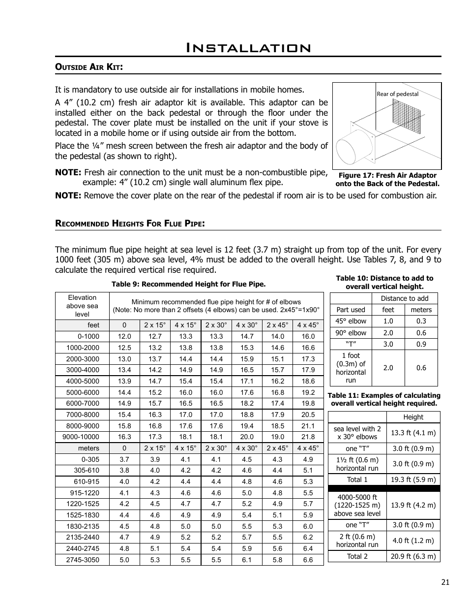 Outside air kit, Recommended heights for flue pipe, Installation | Enviro KODIAK 1200 User Manual | Page 21 / 48