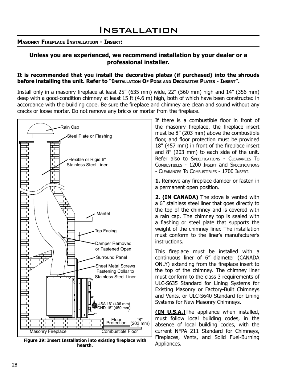 Masonry fireplace installation - insert, Installation | Enviro KODIAK 1200 User Manual | Page 28 / 48