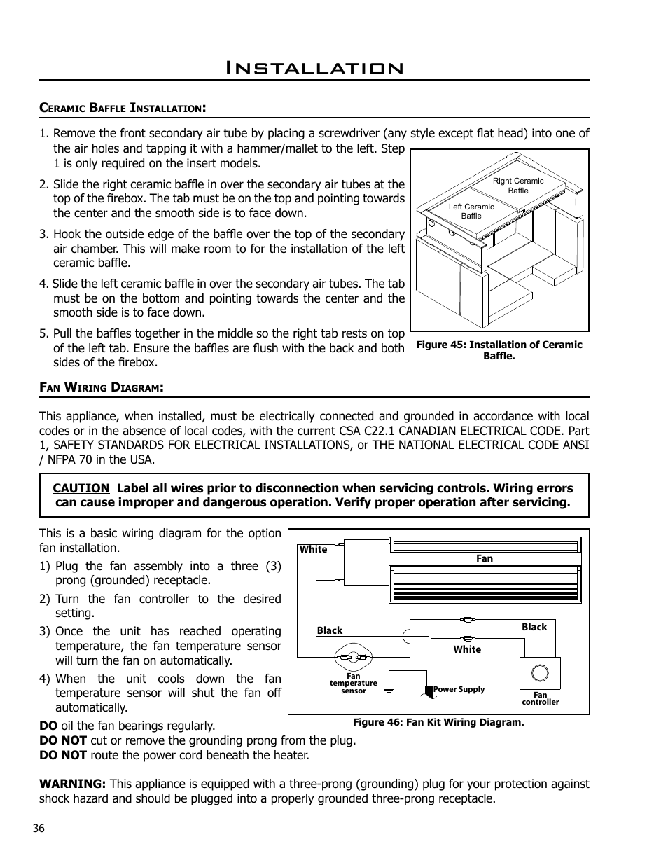 Ceramic baffle installation, Fan wiring diagram, Installation | Enviro KODIAK 1200 User Manual | Page 36 / 48
