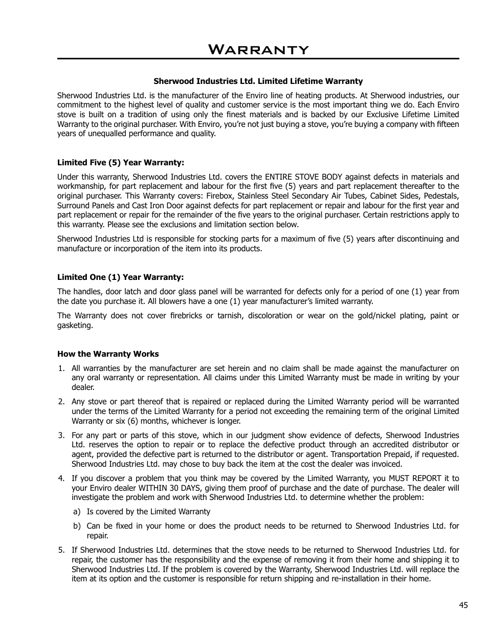 Warranty | Enviro KODIAK 1200 User Manual | Page 45 / 48