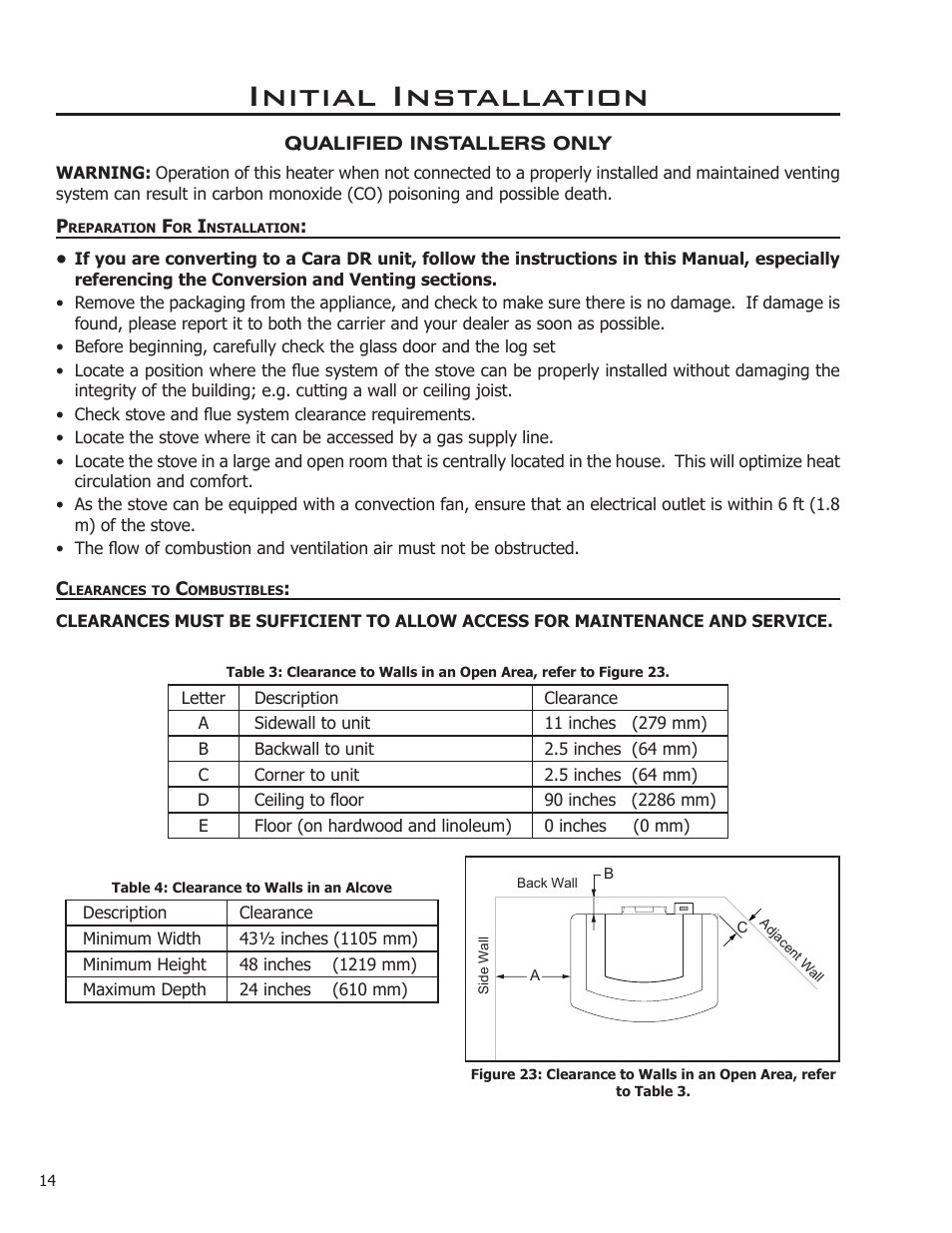 Initial installation, Preparation for installation, Clearances to combustibles | Enviro C-11366 User Manual | Page 14 / 35