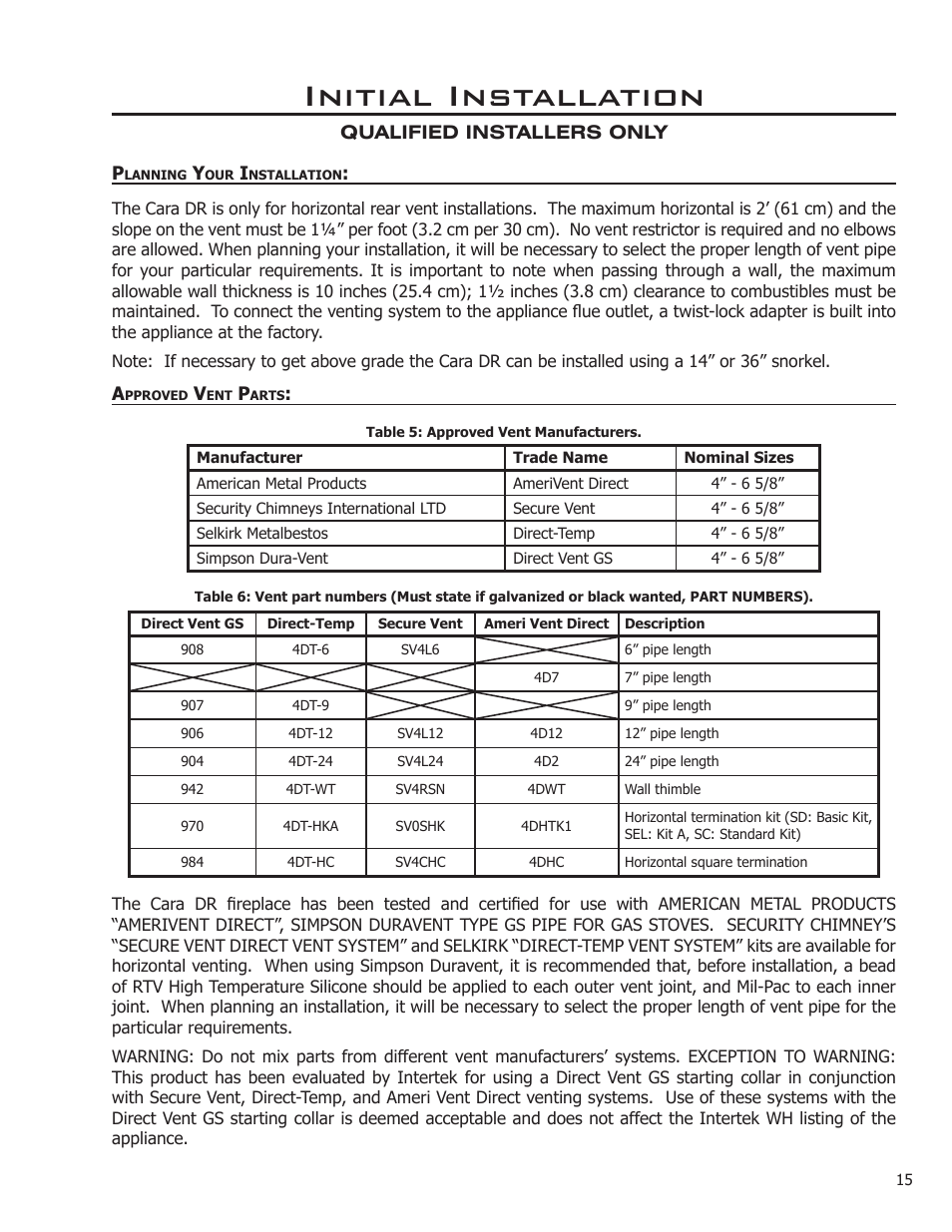 Planning your installation, Approved vent parts, Initial installation | Enviro C-11366 User Manual | Page 15 / 35