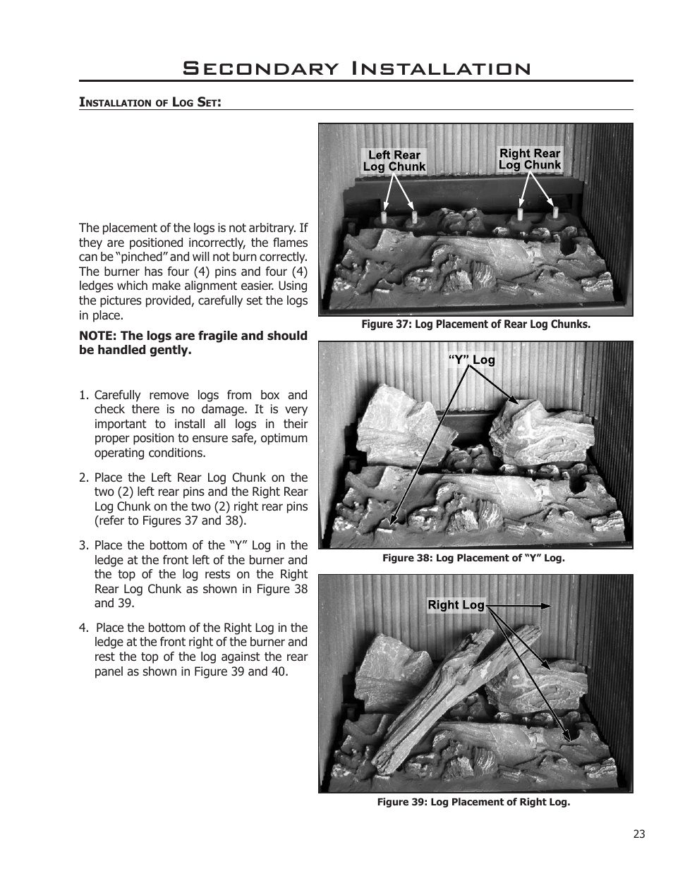 Secondary installation, Installation of log set | Enviro C-11366 User Manual | Page 23 / 35