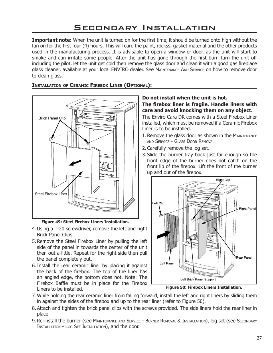 Installation of ceramic firebox liner (optional), Secondary installation | Enviro C-11366 User Manual | Page 27 / 35