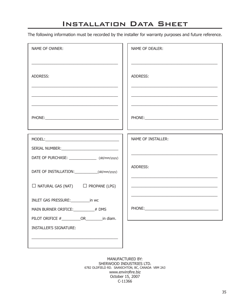 Installation data sheet | Enviro C-11366 User Manual | Page 35 / 35