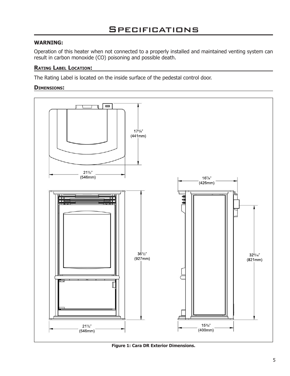 Specifications, Rating label location, Dimensions | Enviro C-11366 User Manual | Page 5 / 35