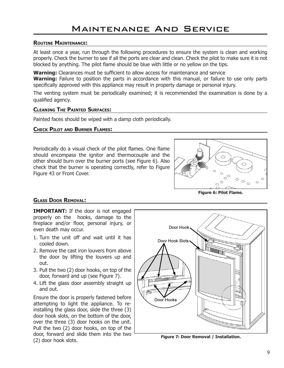 Maintenance and service, Routine maintenance, Cleaning the painted surfaces | Check pilot and burner flames, Glass door removal | Enviro C-11366 User Manual | Page 9 / 35