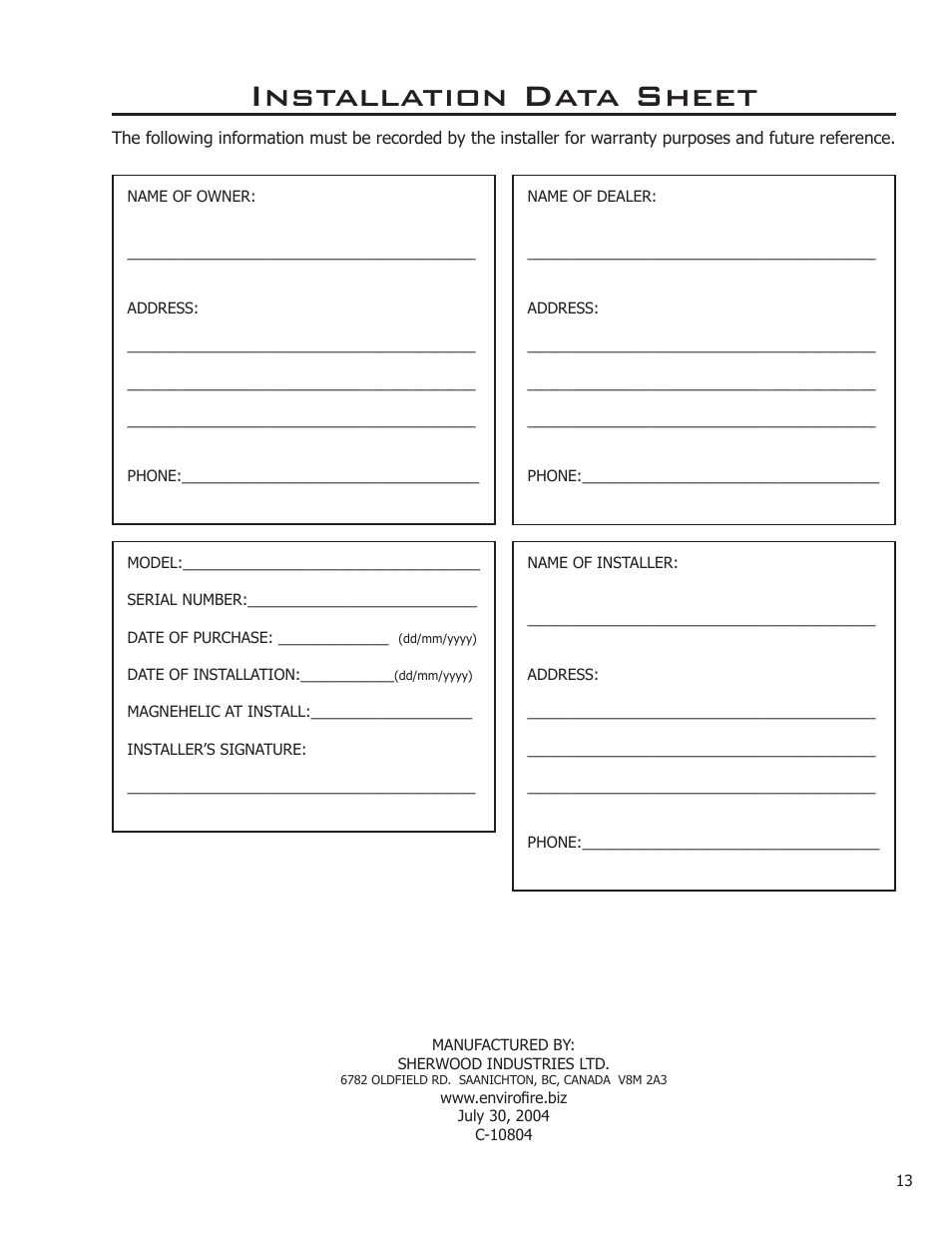 Installation data sheet | Enviro Empress User Manual | Page 13 / 13