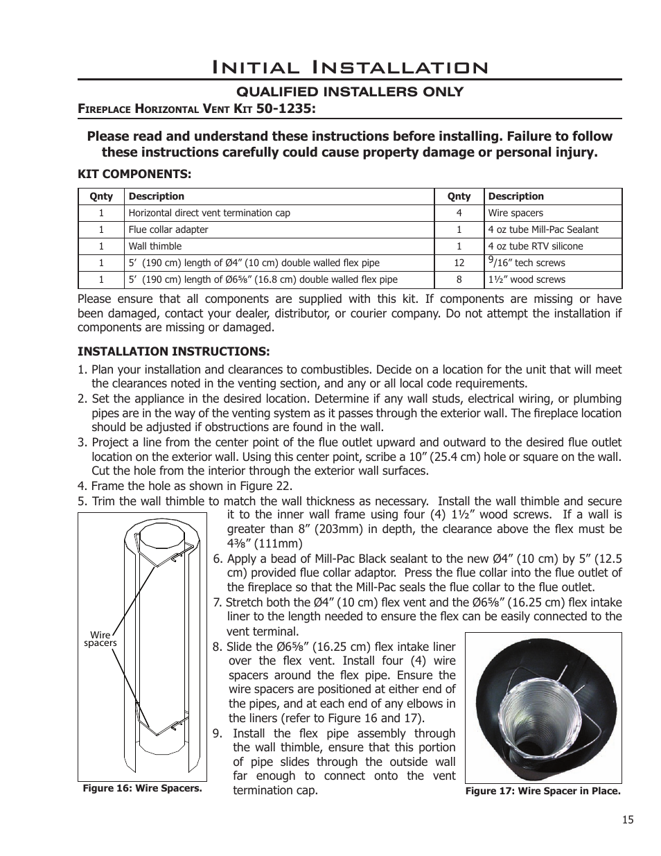 Fireplace horizontal vent kit 50-1235, Initial installation | Enviro ASCOT VENTED GAS FIREPLACE HEATER User Manual | Page 15 / 42