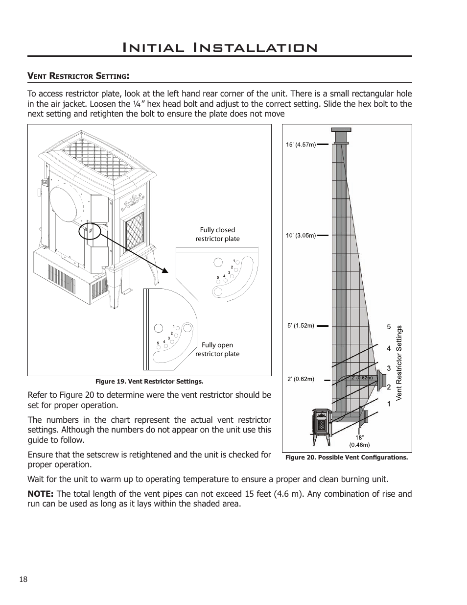 Vent restrictor setting, Initial installation | Enviro ASCOT VENTED GAS FIREPLACE HEATER User Manual | Page 18 / 42