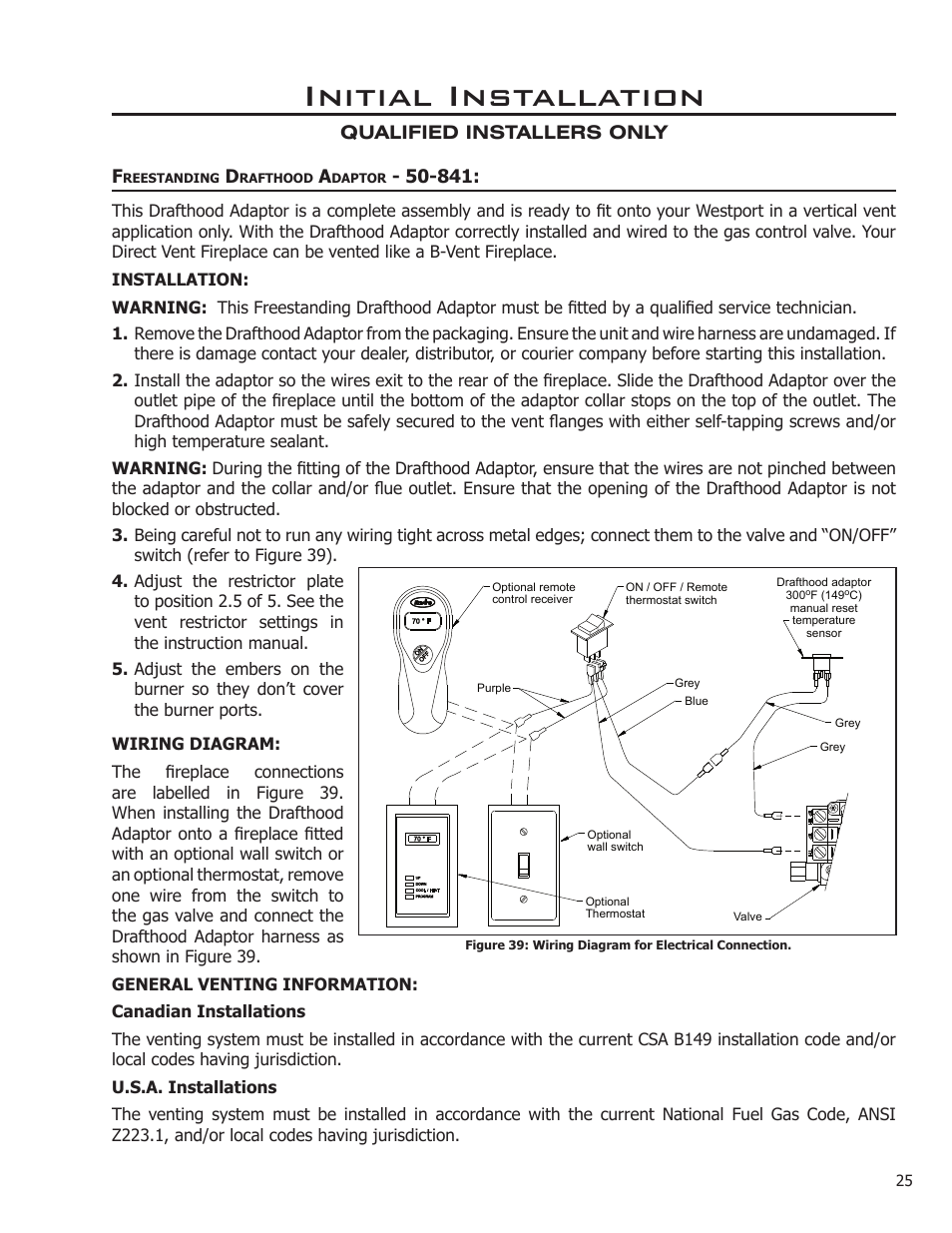 Freestanding drafthood adaptor - 50-841, Initial installation | Enviro ASCOT VENTED GAS FIREPLACE HEATER User Manual | Page 25 / 42