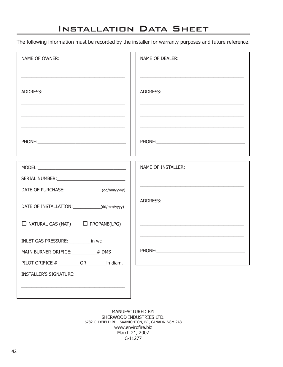 Installation data sheet | Enviro ASCOT VENTED GAS FIREPLACE HEATER User Manual | Page 42 / 42