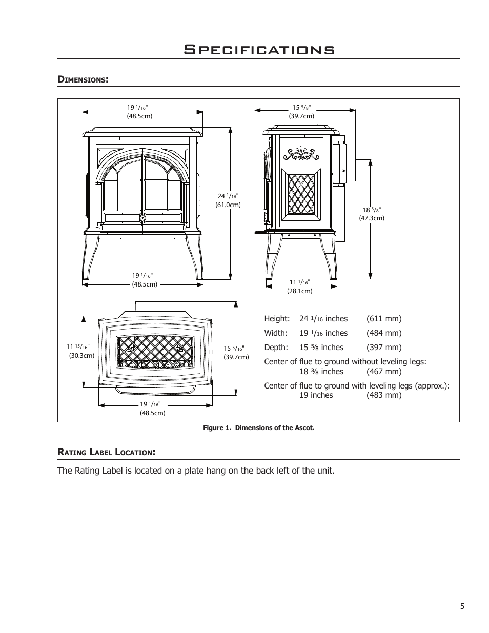 Specifications, Rating label location | Enviro ASCOT VENTED GAS FIREPLACE HEATER User Manual | Page 5 / 42