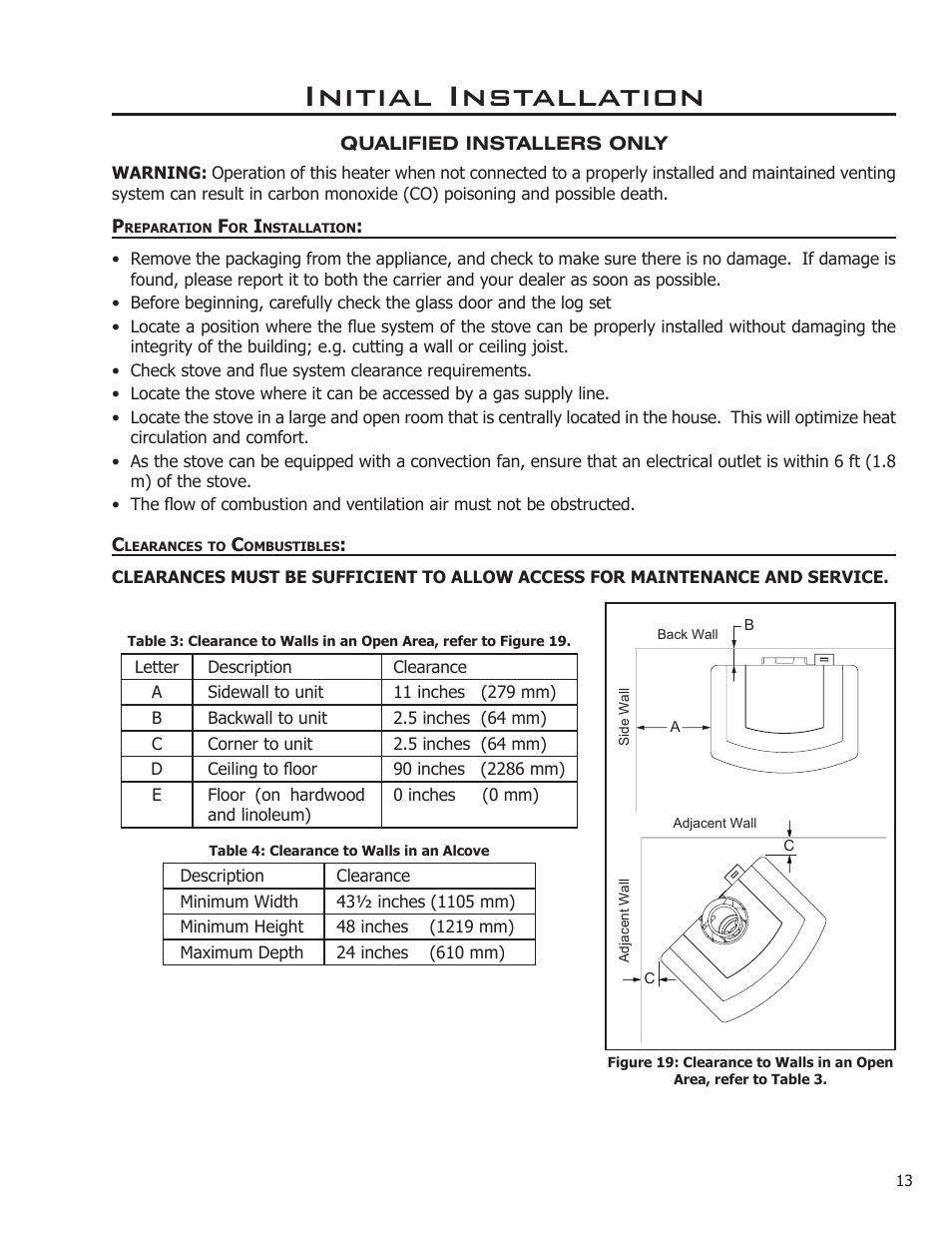 Initial installation, Preparation for installation, Clearances to combustibles | Enviro ENVIRO User Manual | Page 13 / 42