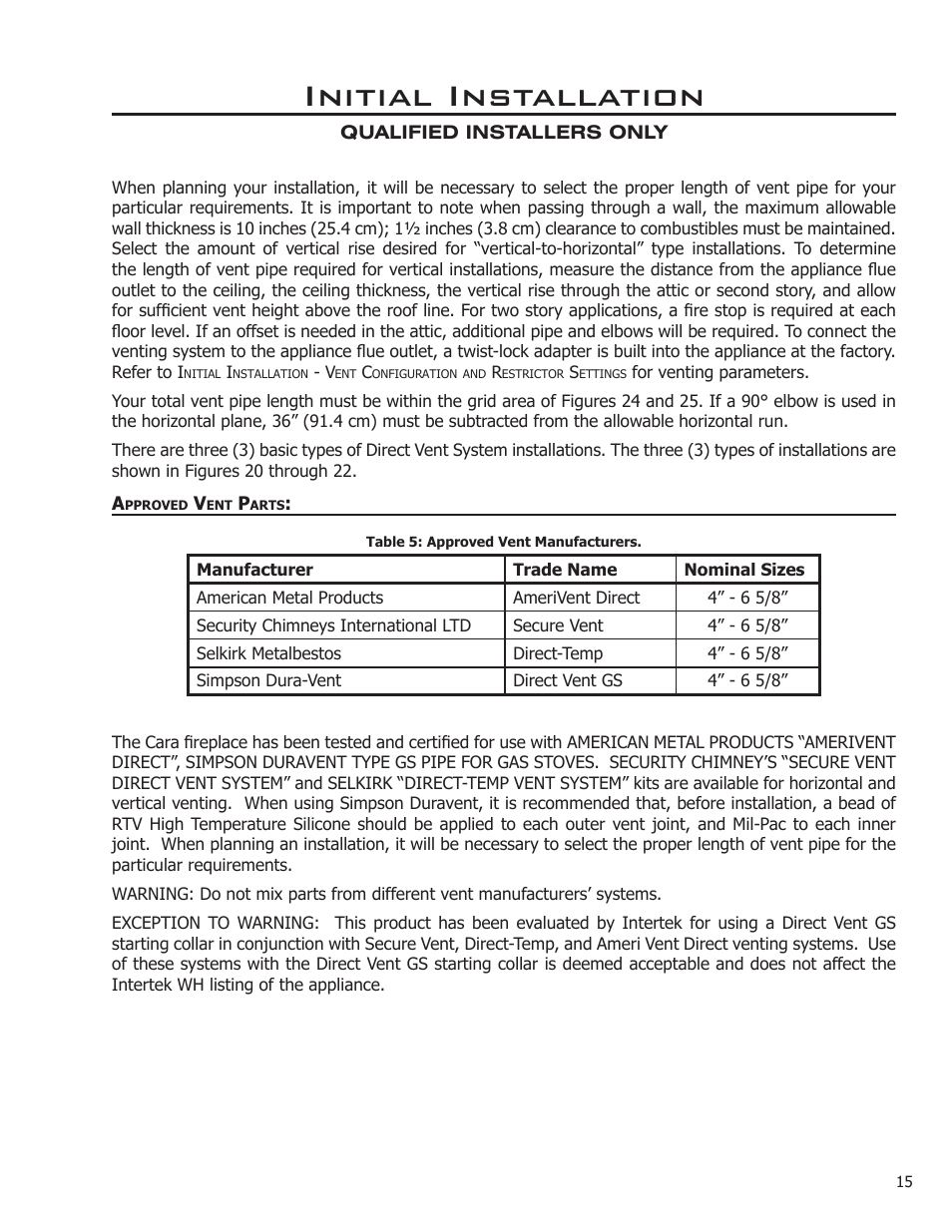 Approved vent parts, Initial installation | Enviro ENVIRO User Manual | Page 15 / 42