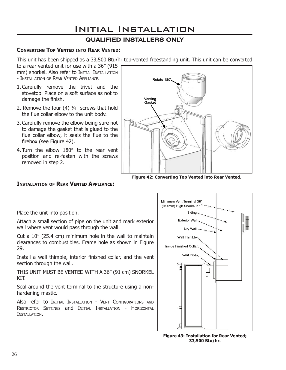 Converting top vented into rear vented, Installation of rear vented appliance, Initial installation | Enviro ENVIRO User Manual | Page 26 / 42